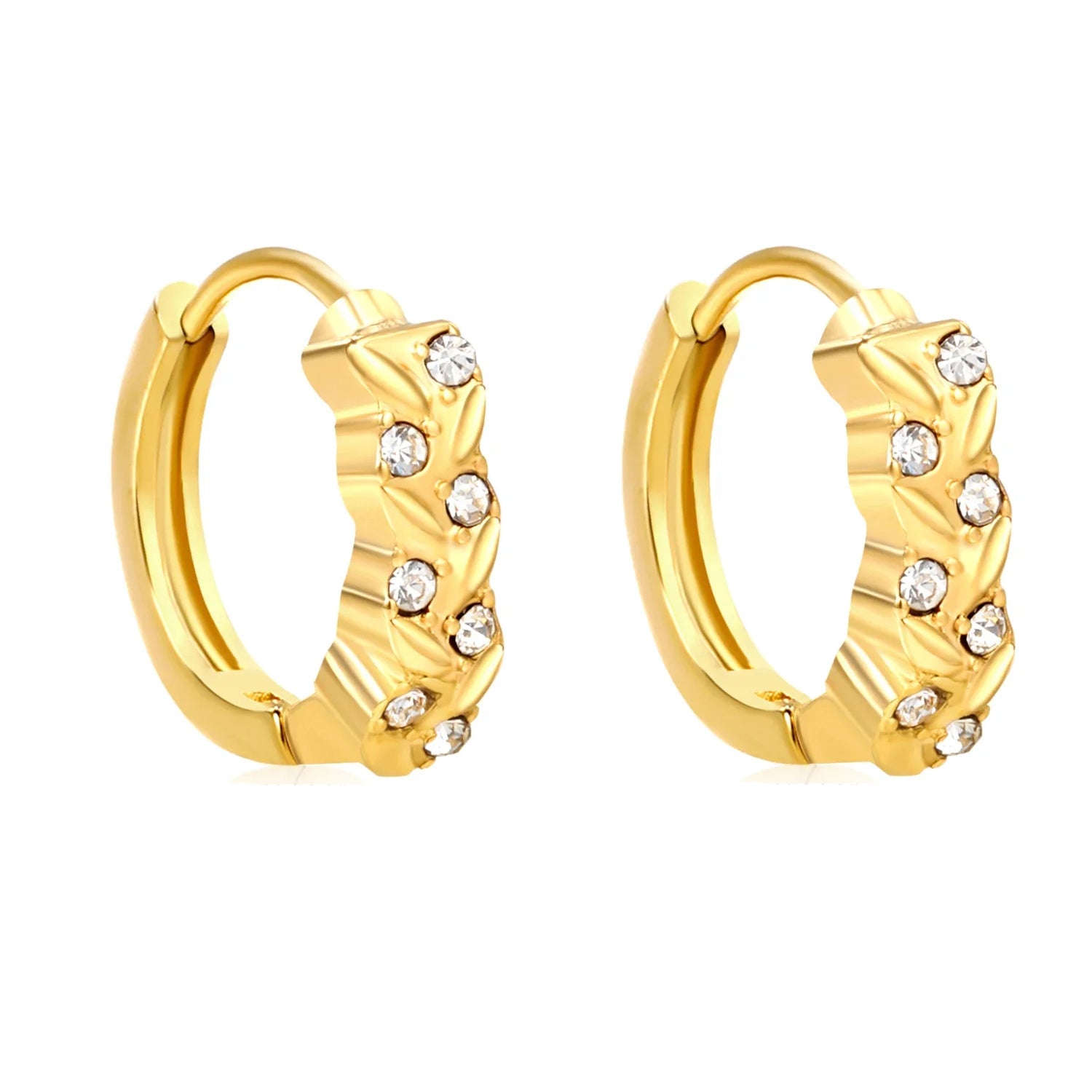 Gold hoop earrings with embedded diamonds on a white background