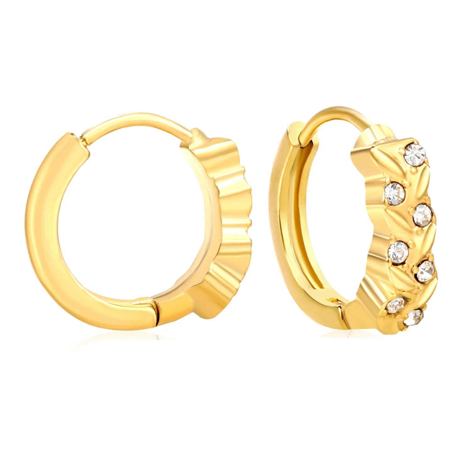Gold hoop earrings with one having gemstone accents on a white background