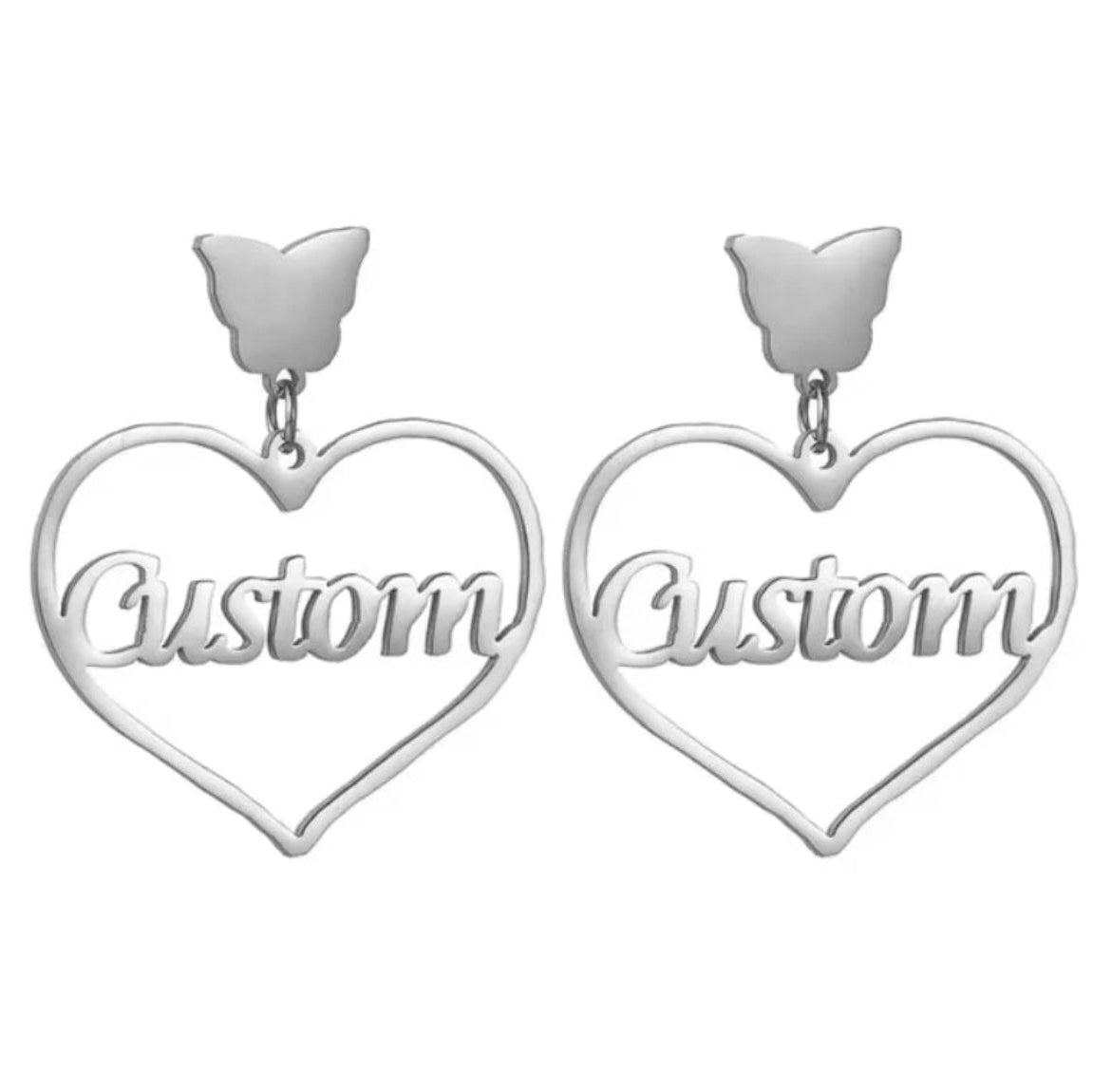 Personalized heart earrings with butterfly clasps.