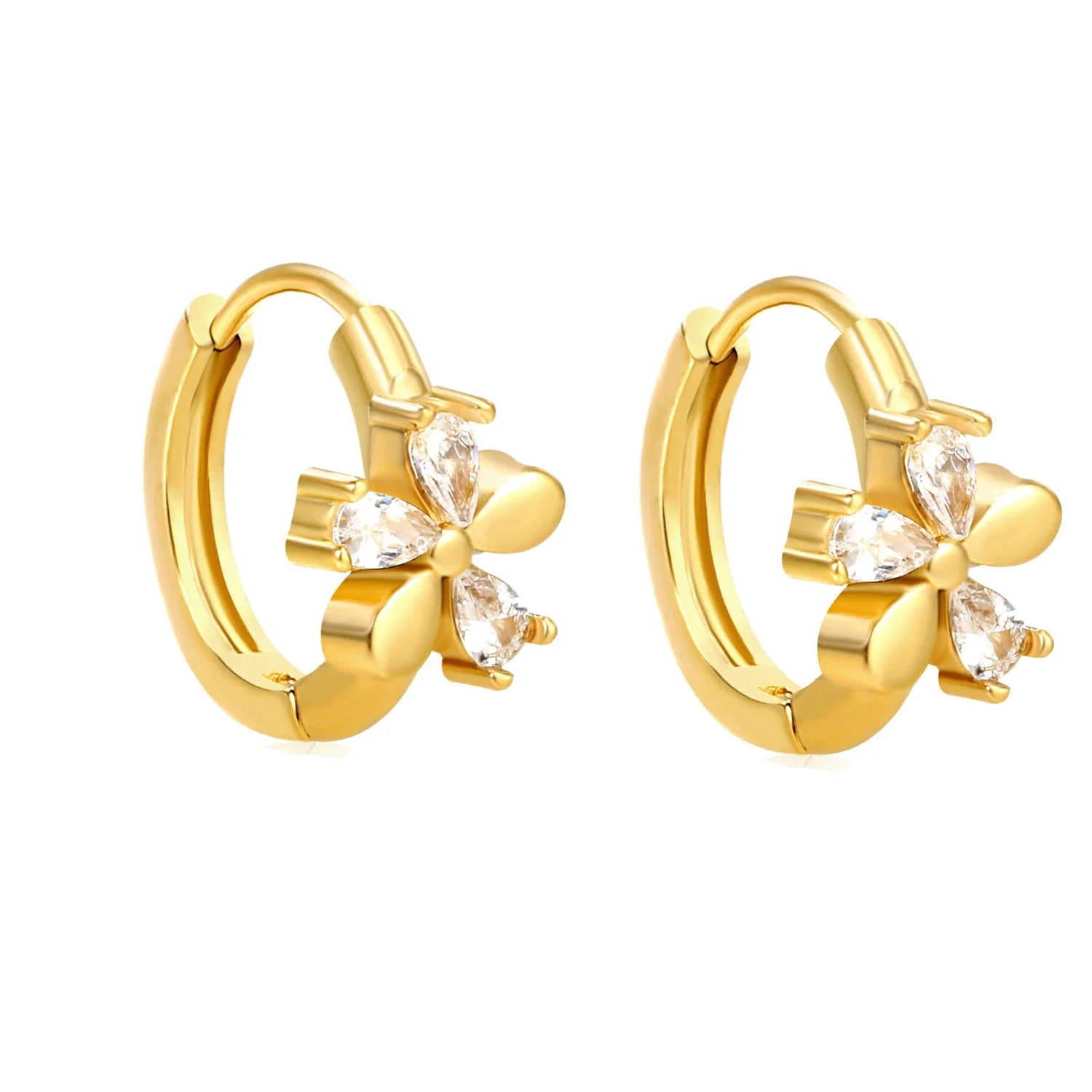 Gold hoop earrings with floral designs on a white background