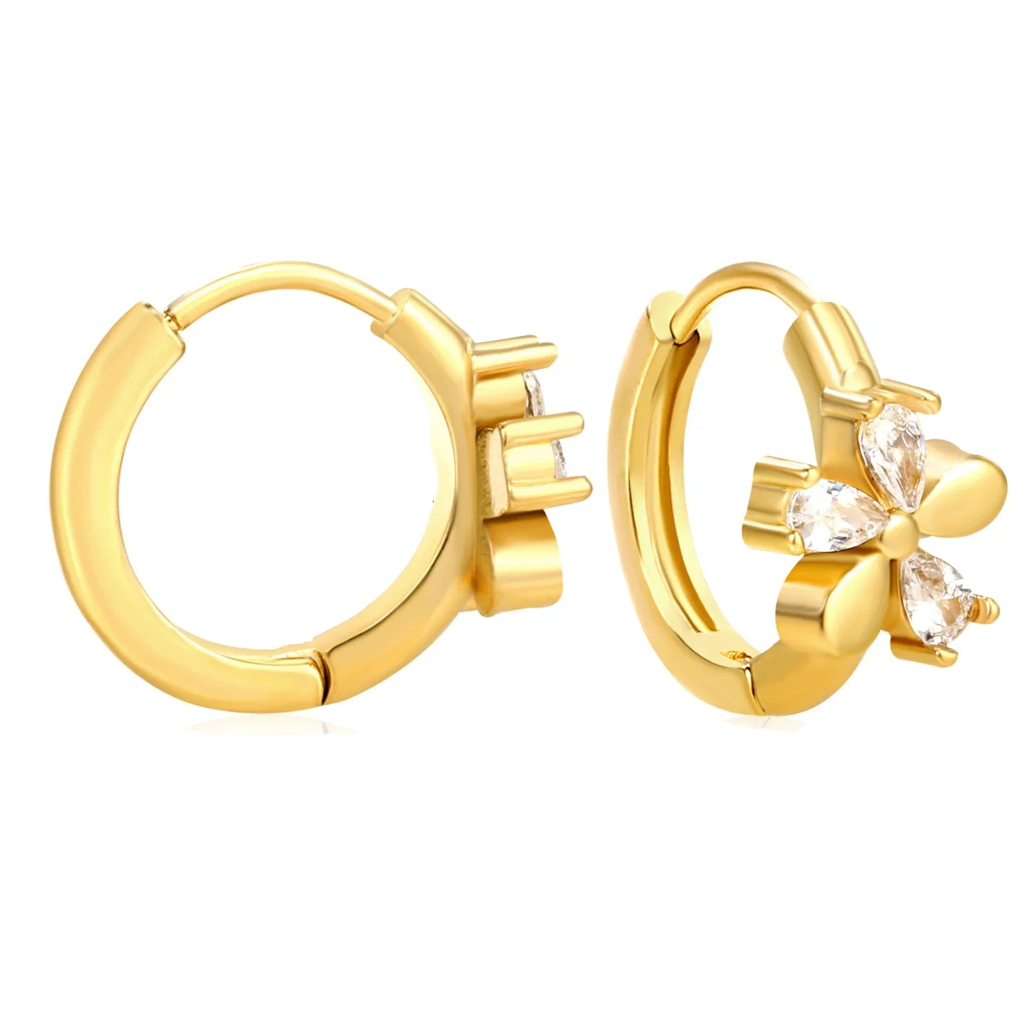 Gold hoop earrings with a decorative element on a white background