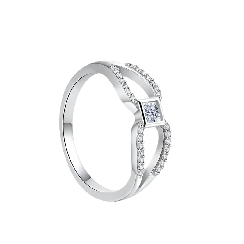 Silver ring with diamond accents on a white background, featuring a 'Sterling 925' stamp.