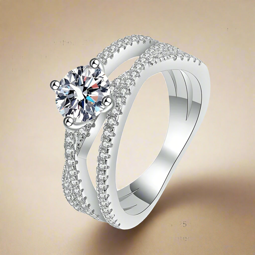 Lustrous ring with large zircon center and intertwining bands