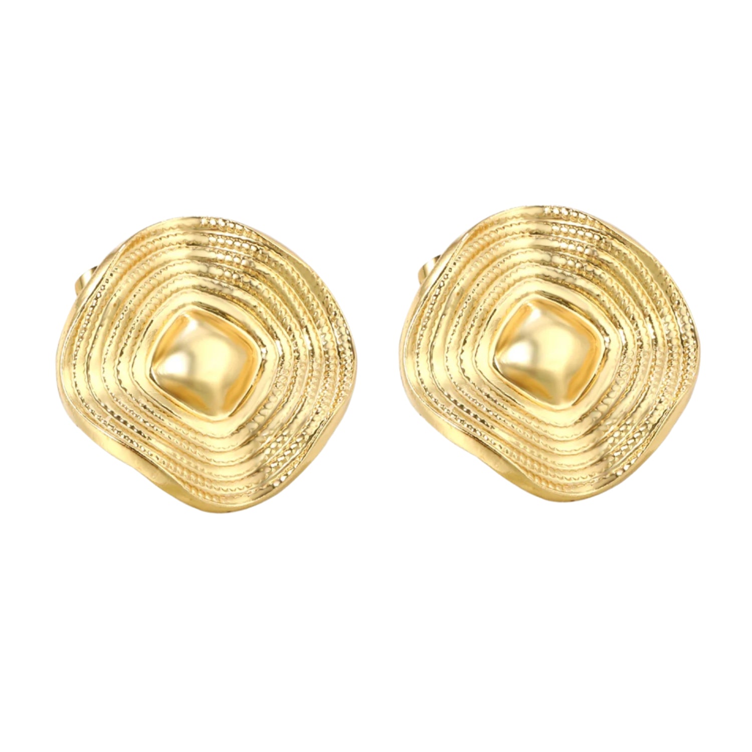 Gold earrings with measurements and weight on a white background