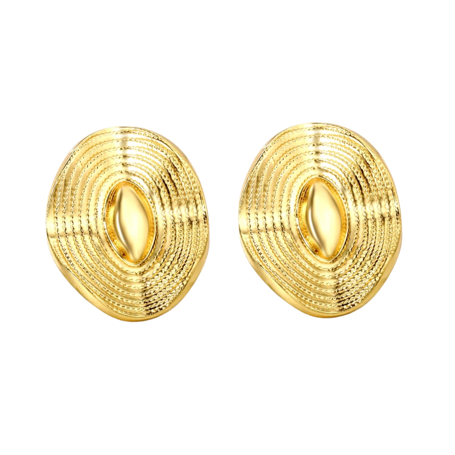 Pair of gold earrings with measurements and weight on a white background