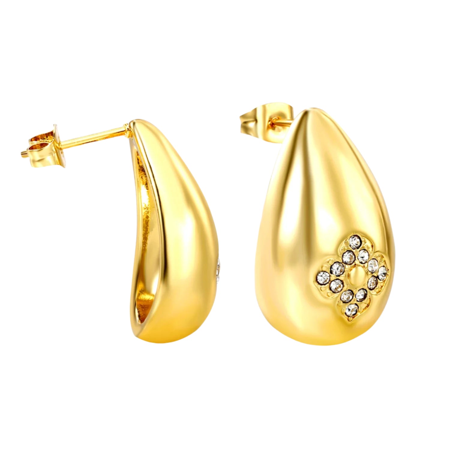 Gold hoop earrings with a central gemstone on a white background