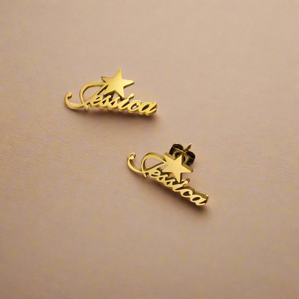 Elegant gold earrings featuring custom name and star.