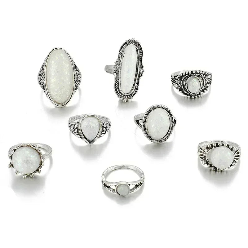 Ring Set Vintage Fashion Geometric Round Oval Gemstone Accessories Ladies Finger Ring Jewelry Party Gift 8 Piece Ring