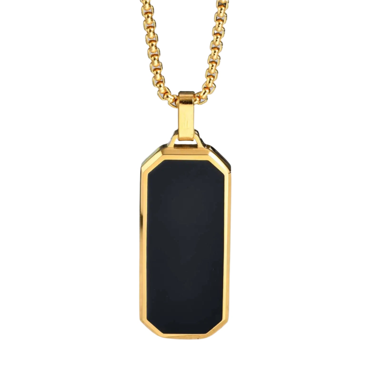 Geometric gold-edged black enamel pendant for men – styled 