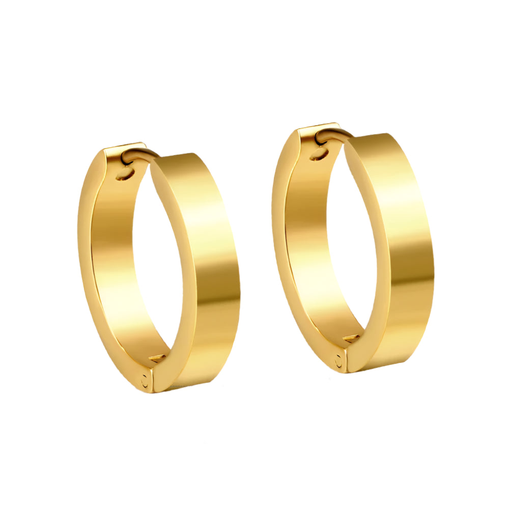 Gold hoop earrings with text indicating material and measurements on a white background