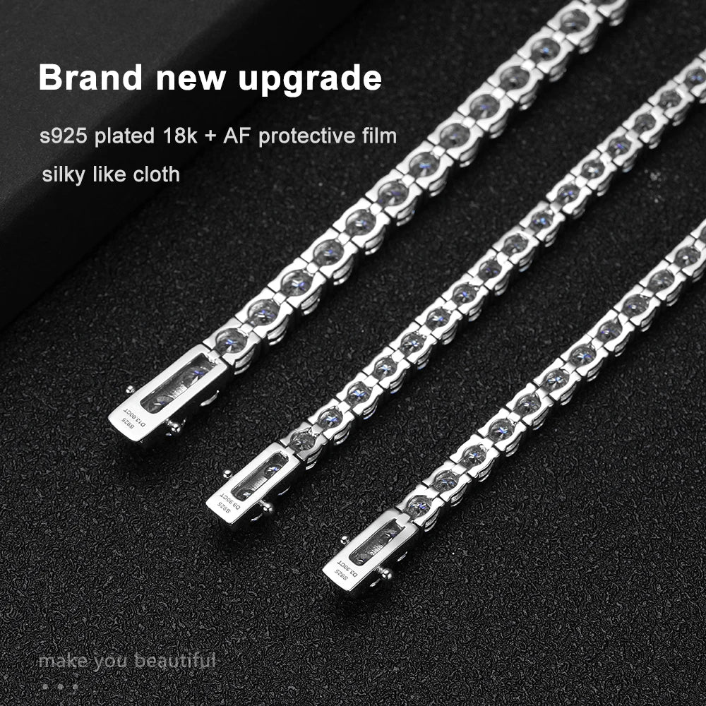 Size comparison of 3mm, 4mm, and 5mm moissanite bracelets on black velvet