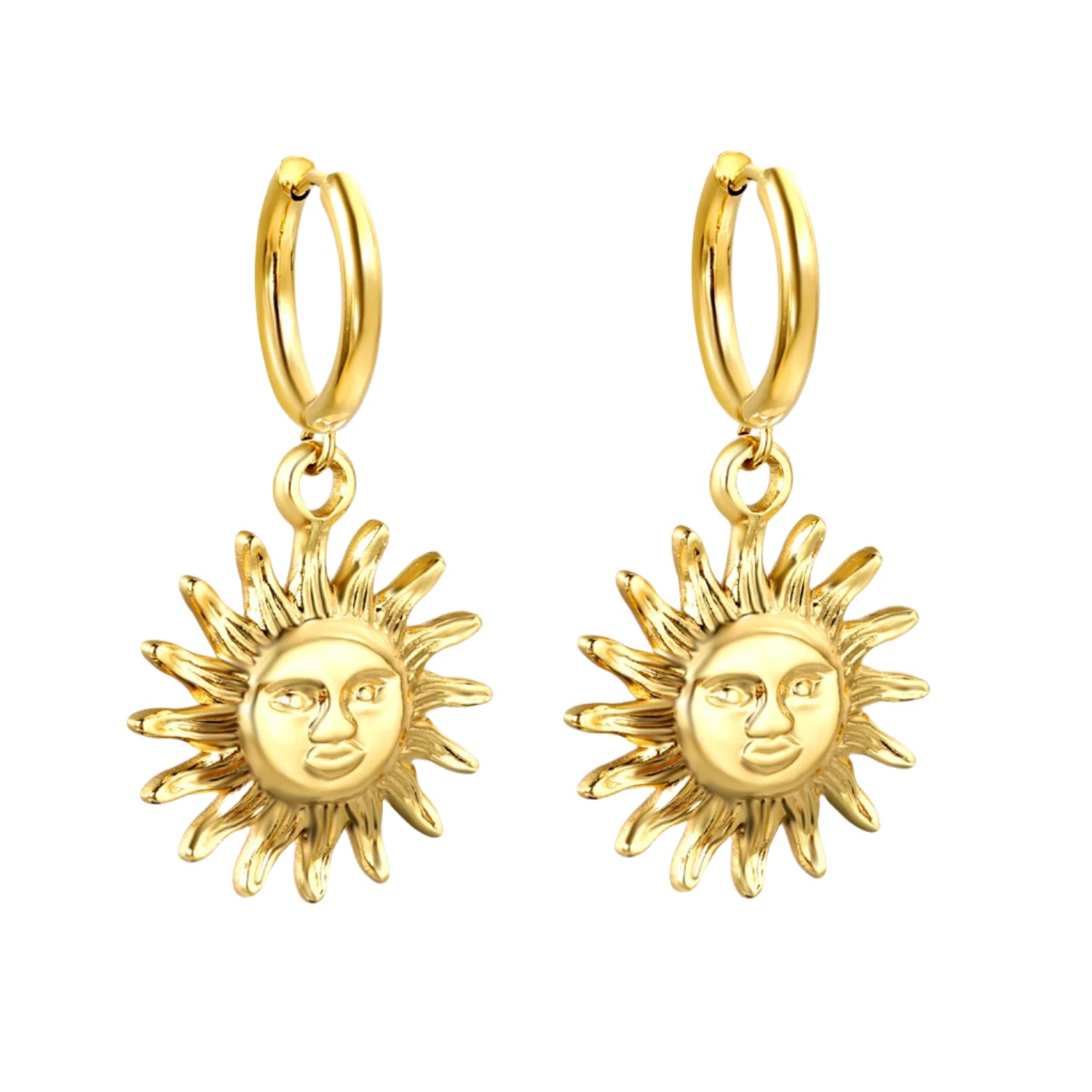 Gold sun-shaped earrings with measurements on a white background