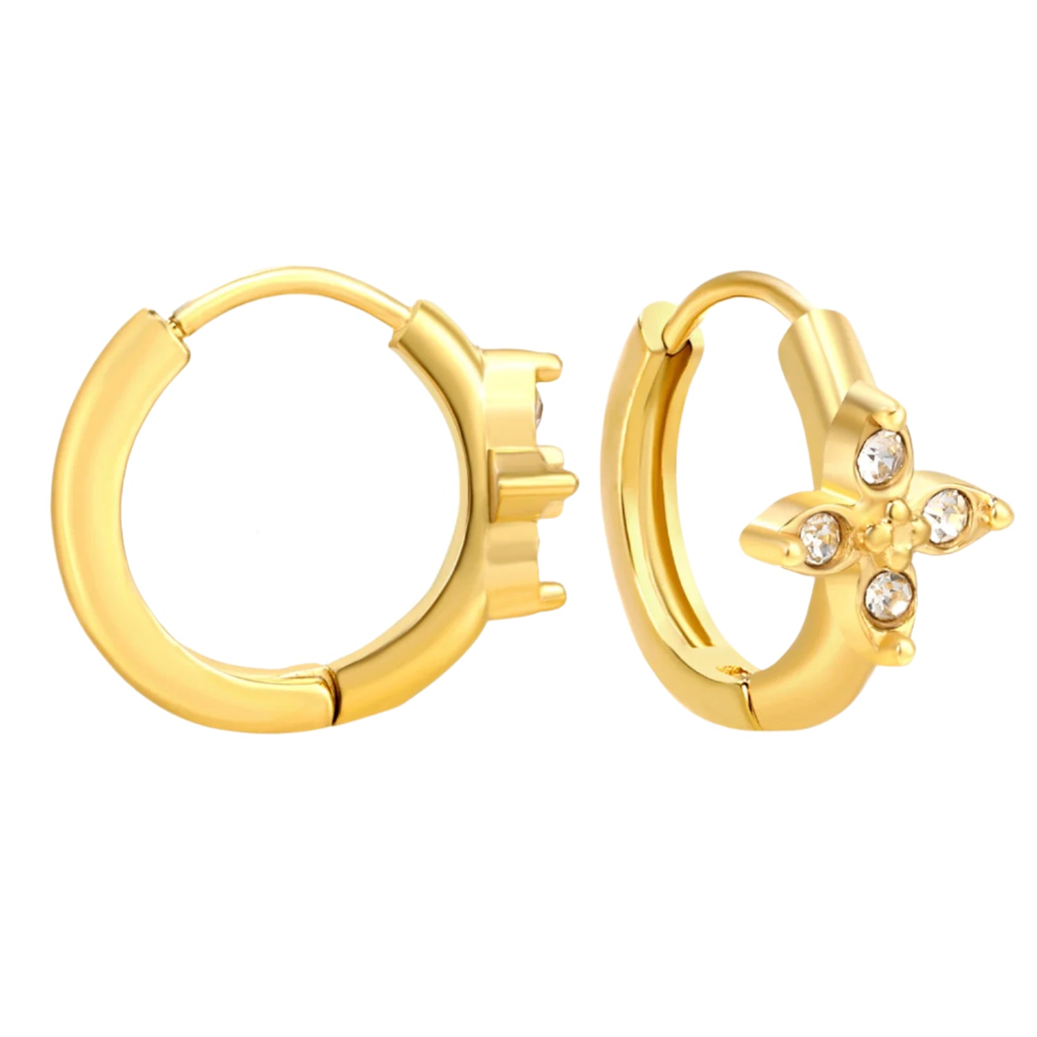 Gold hoop earrings with measurements on a white background