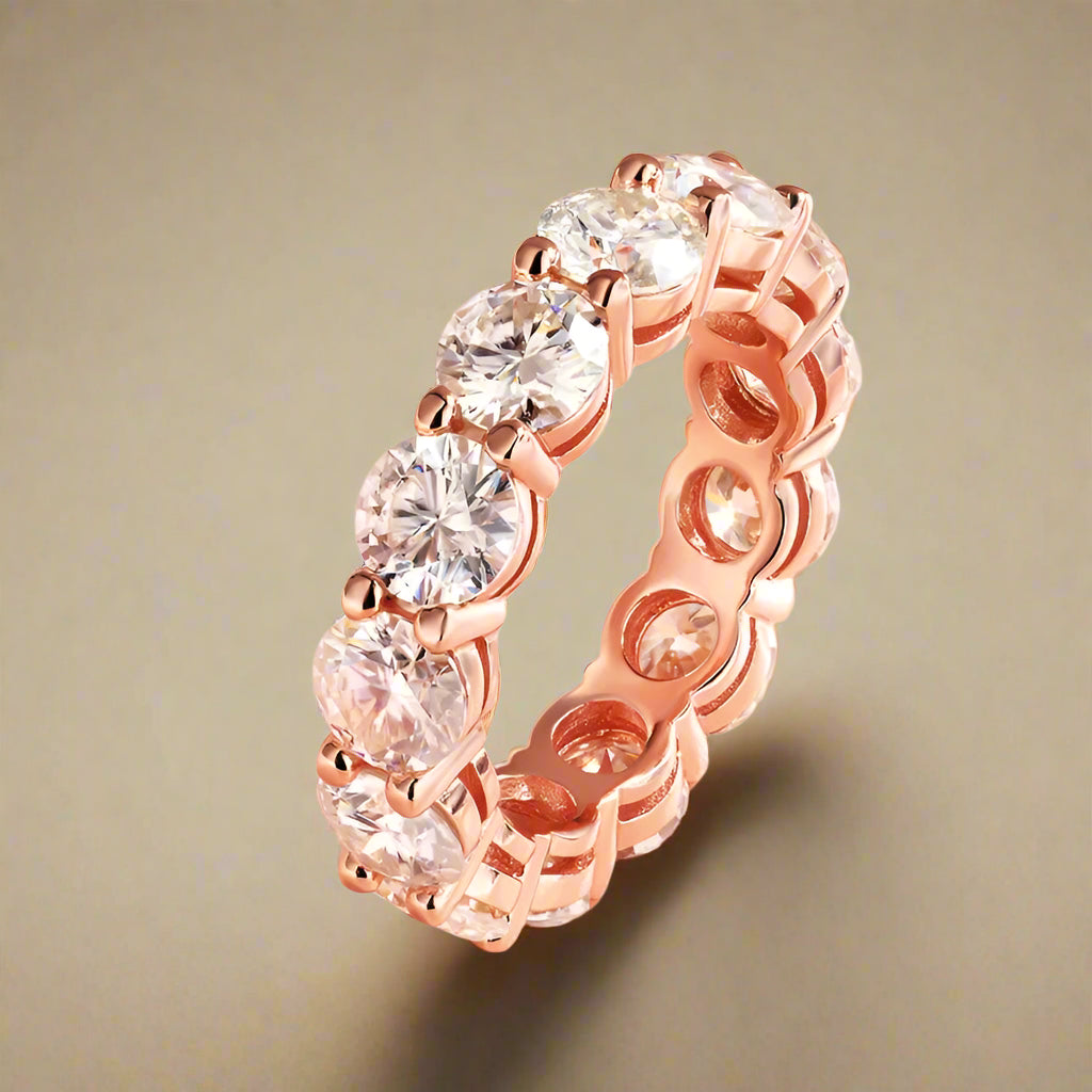 Rose gold moissanite eternity ring with full circle of stones
