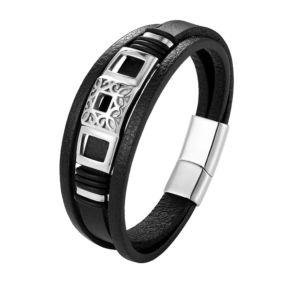 Leather Bracelet for Men Braided Cuff Wristband Stainless Steel Clasp.