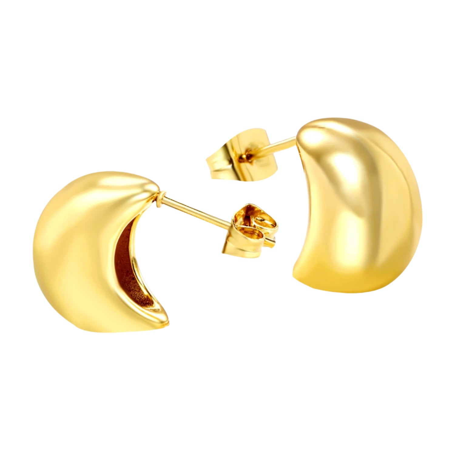 Gold earrings with measurements and weight on a white background