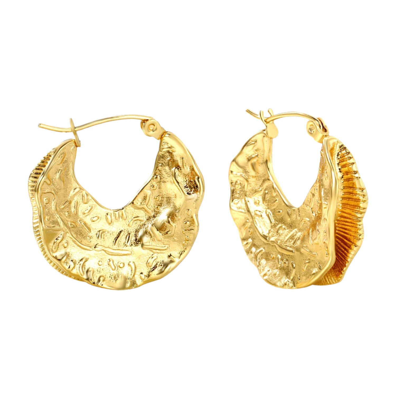 Gold hoop earrings with measurements and weight on a white background