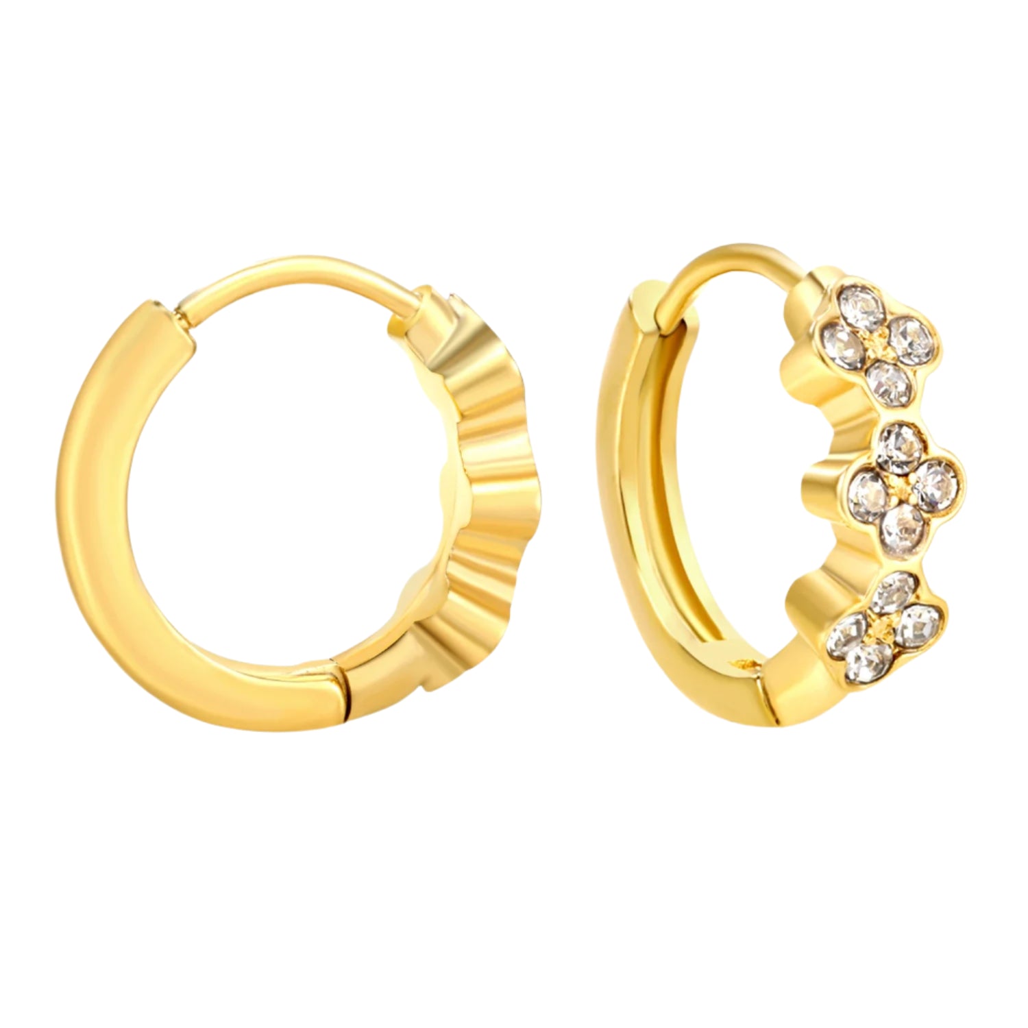 Gold hoop earrings with measurements on a white background
