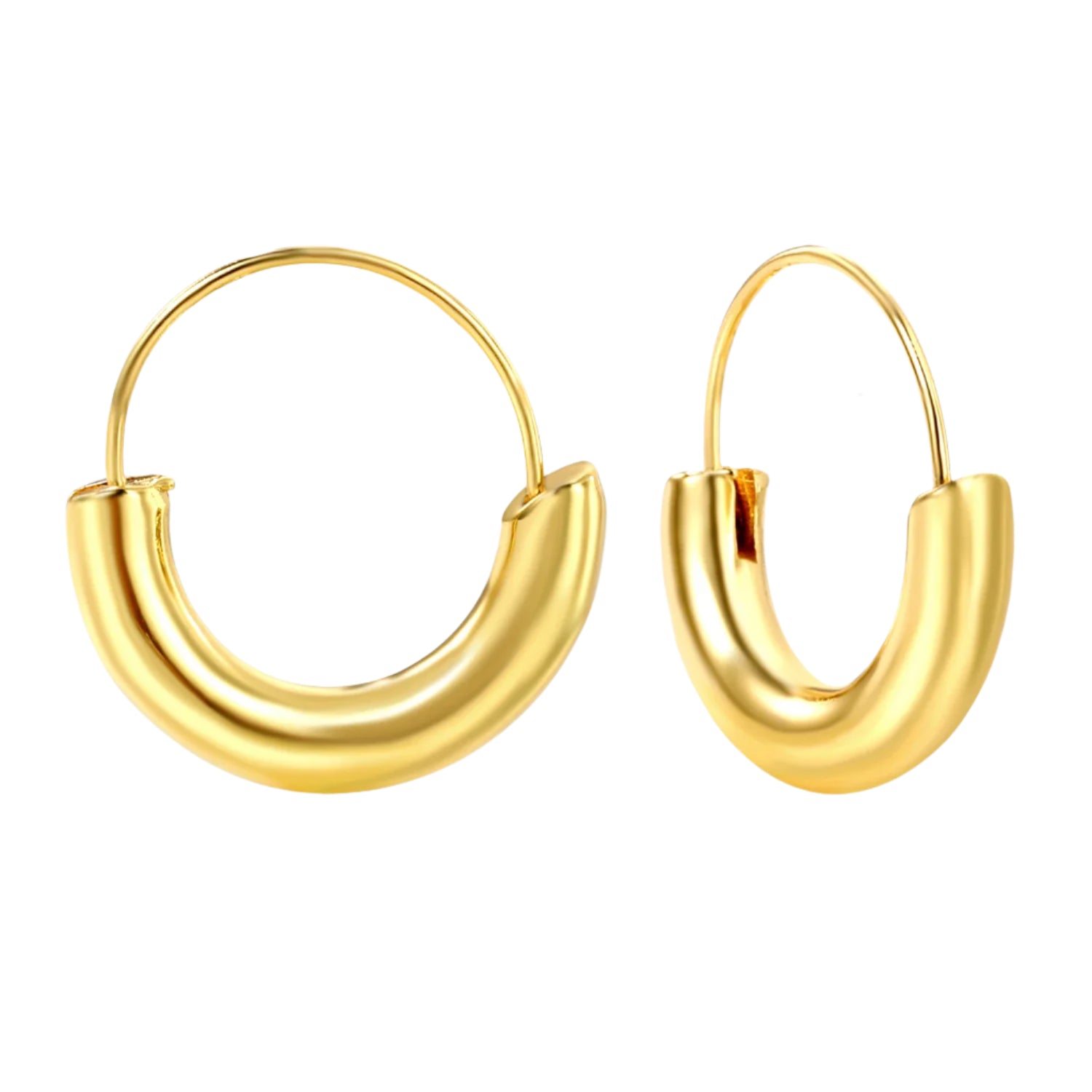 Gold hoop earrings with measurements on a white background