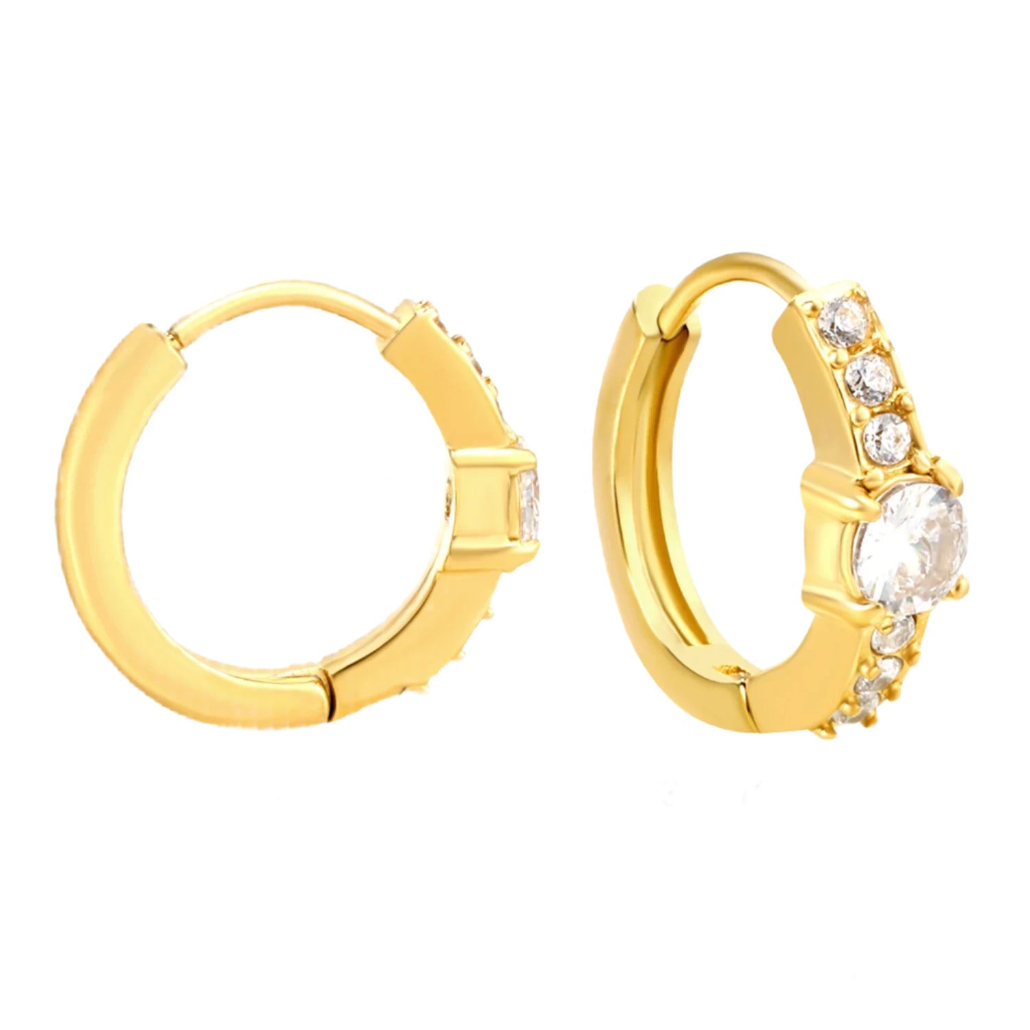 Gold hoop earrings with measurements on a white background