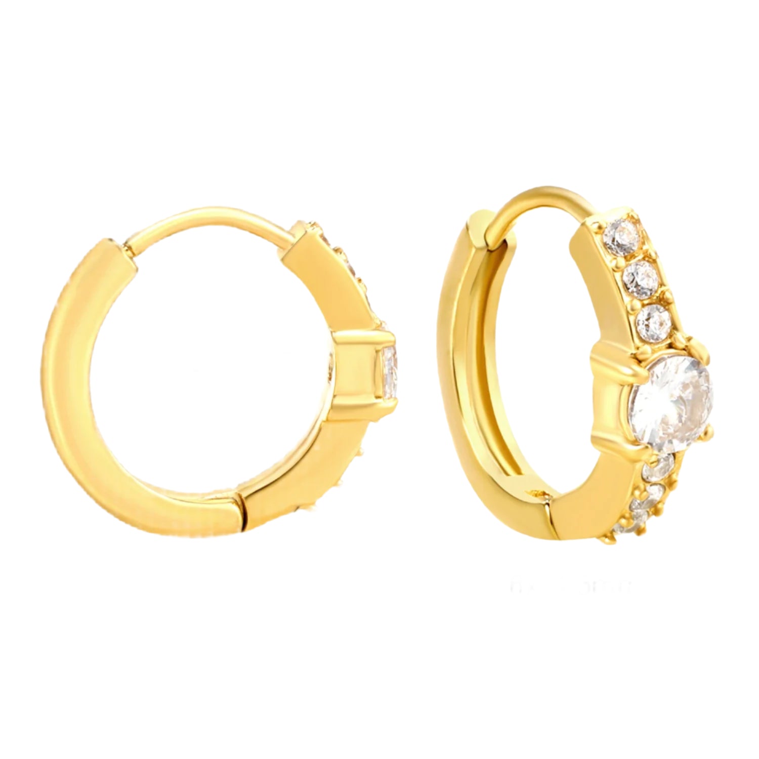 Gold hoop earrings with measurements on a white background