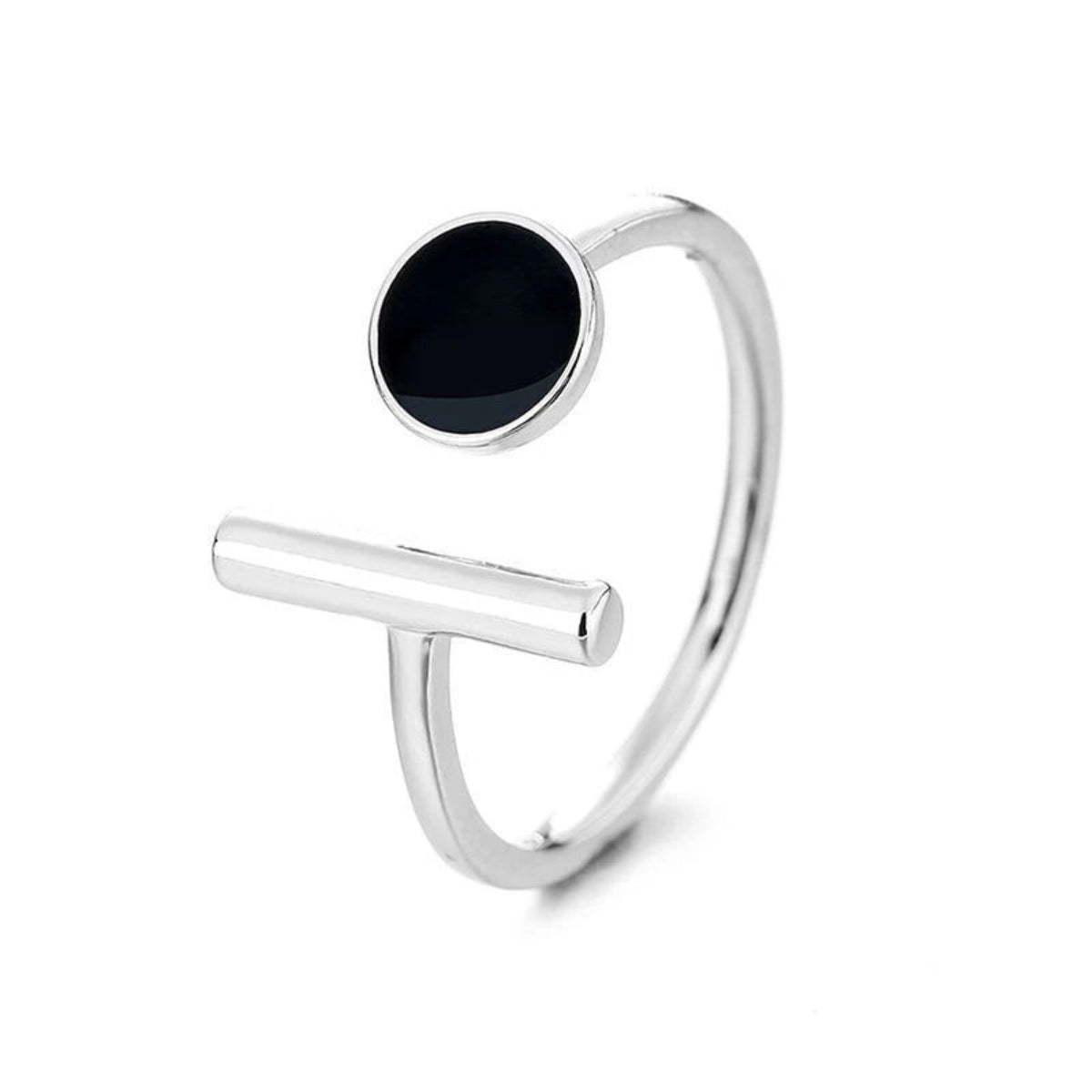 Fashionable silver-tone adjustable ring worn on model's hand with minimal manicure