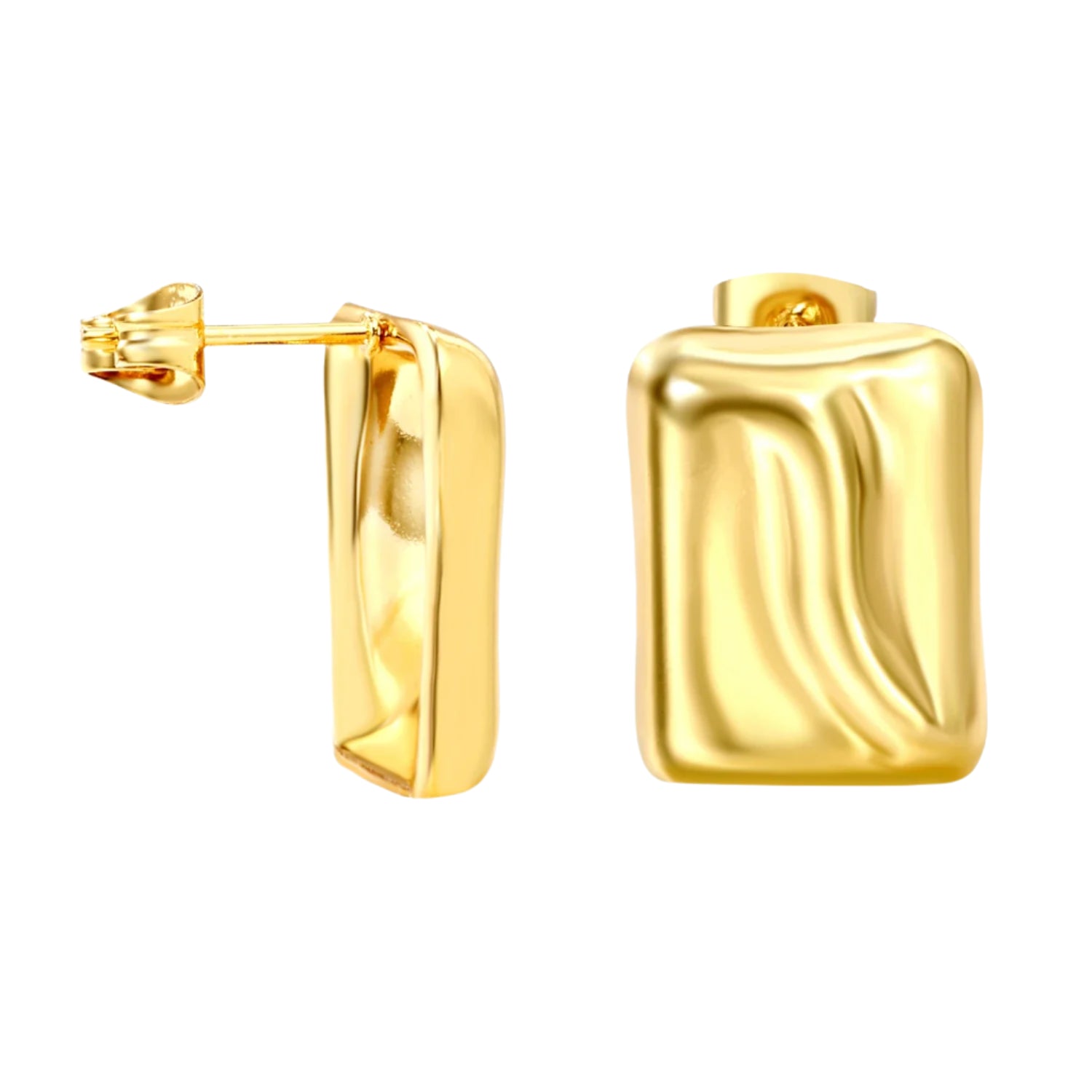 Gold hoop earrings with dimensions and weight on a white background