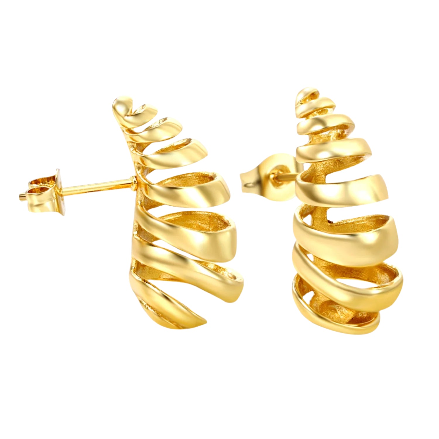 Gold spiral earrings with size and weight information on a white background
