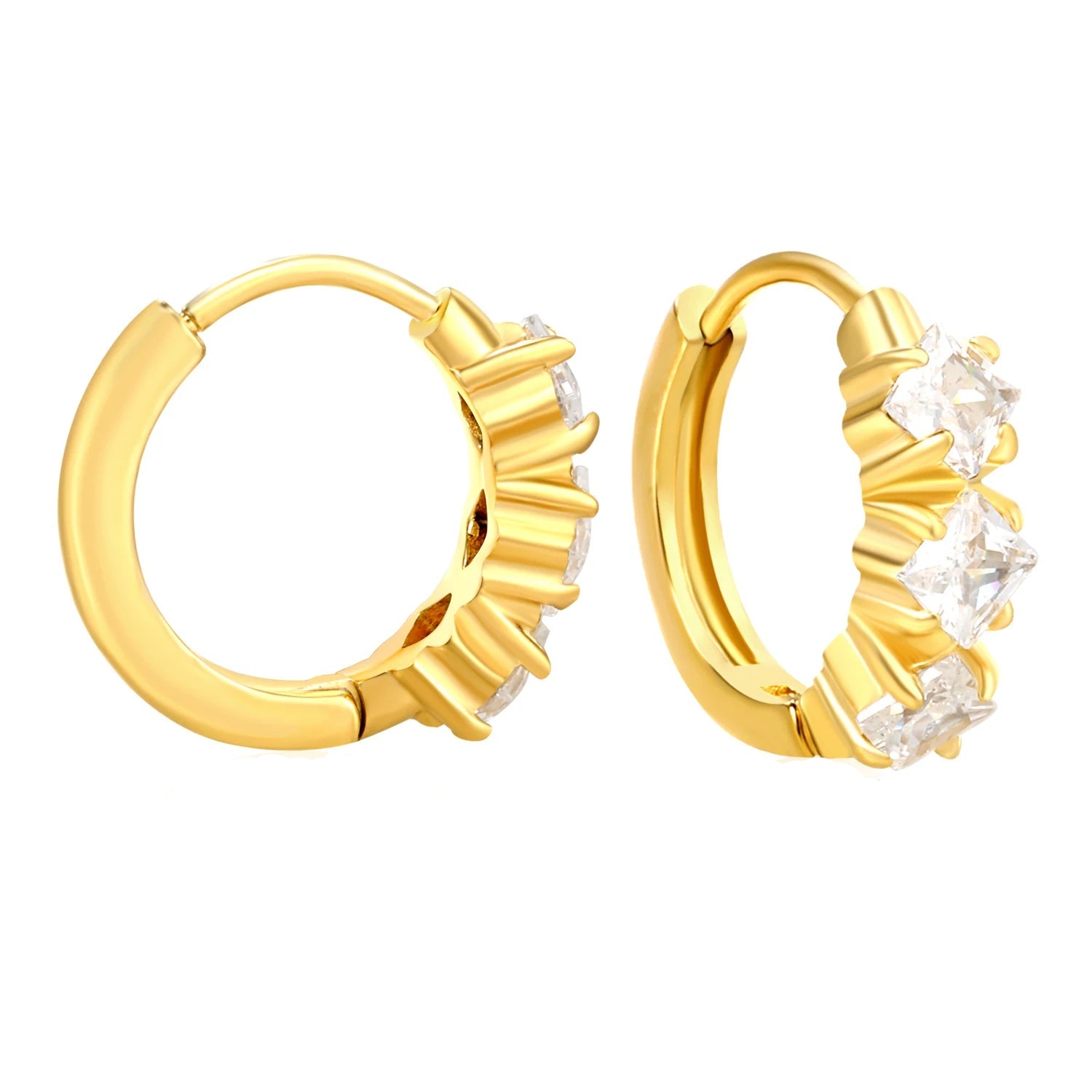 Gold hoop earrings with measurements on a white background
