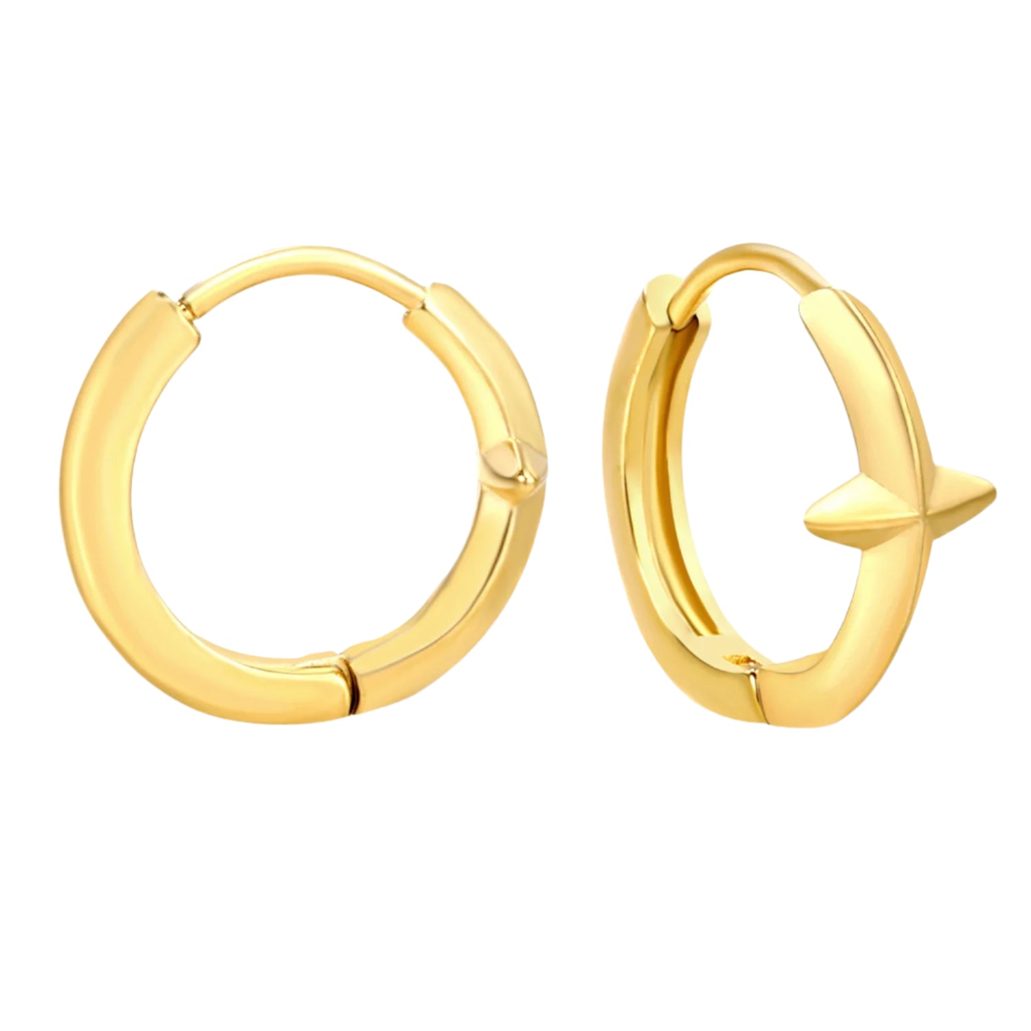 Gold hoop earrings with measurements on a white background