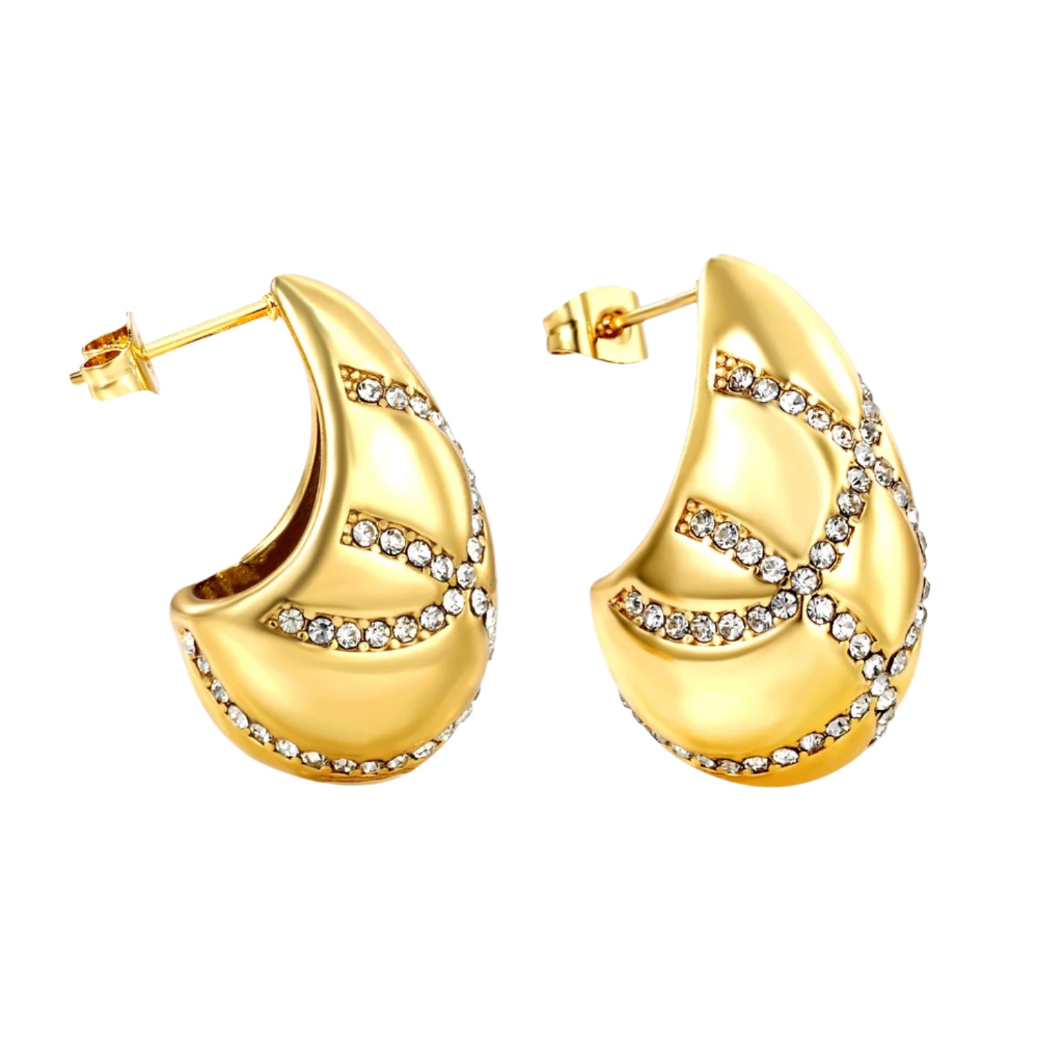 Gold earrings with diamond accents on a white background
