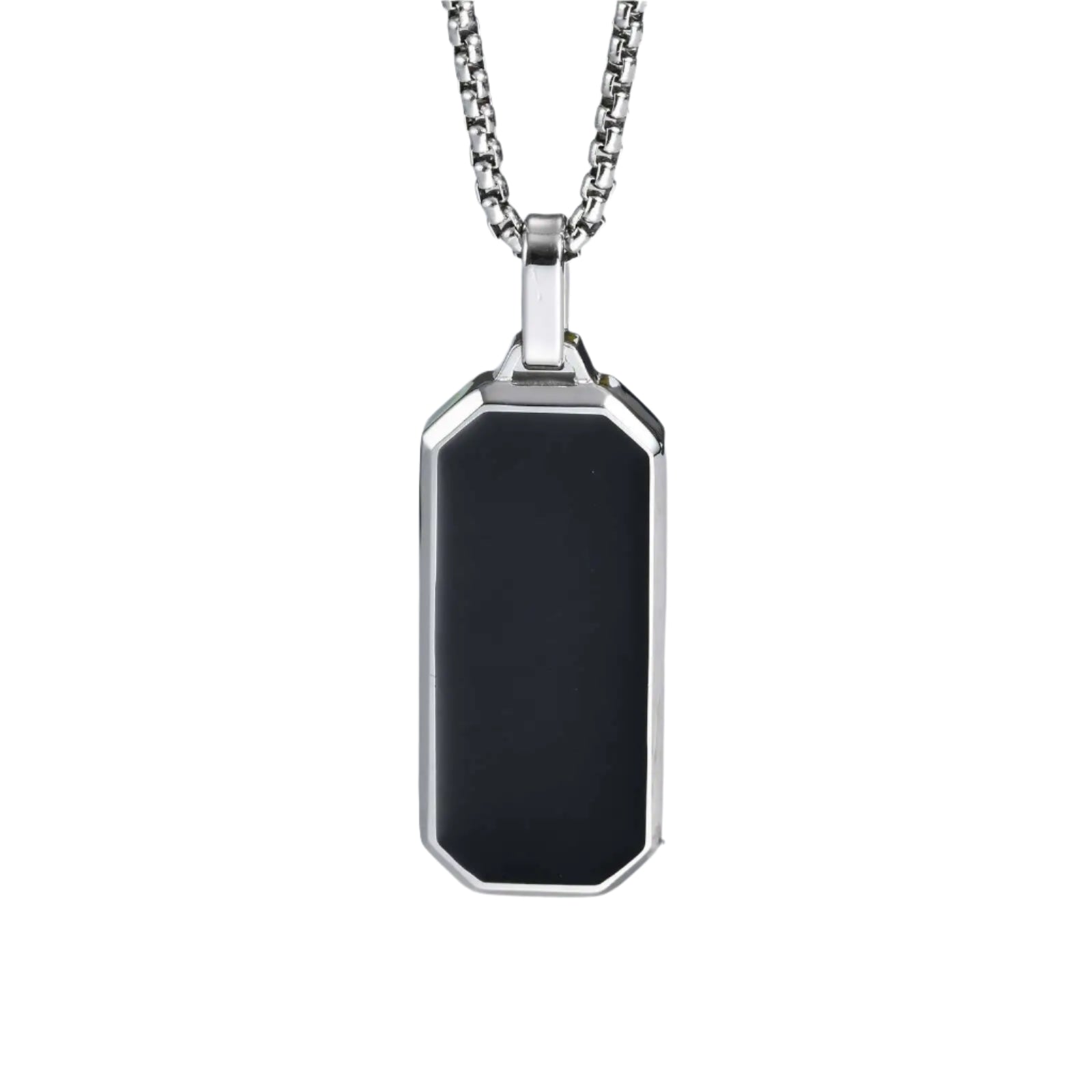 Close-up of men's silver stainless steel necklace with black enamel pendant
