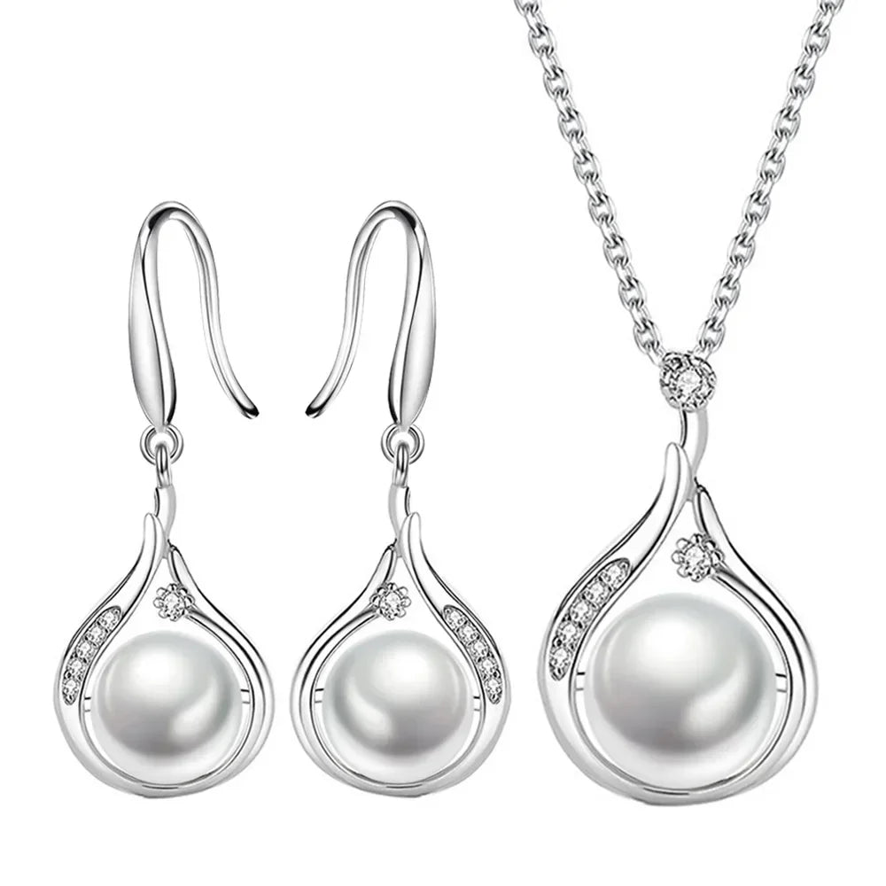 925 Sterling Silver Pearl Pendant Elegant Jewelry Sets For Women Earrings Necklace Luxury High Quality Jewelry.