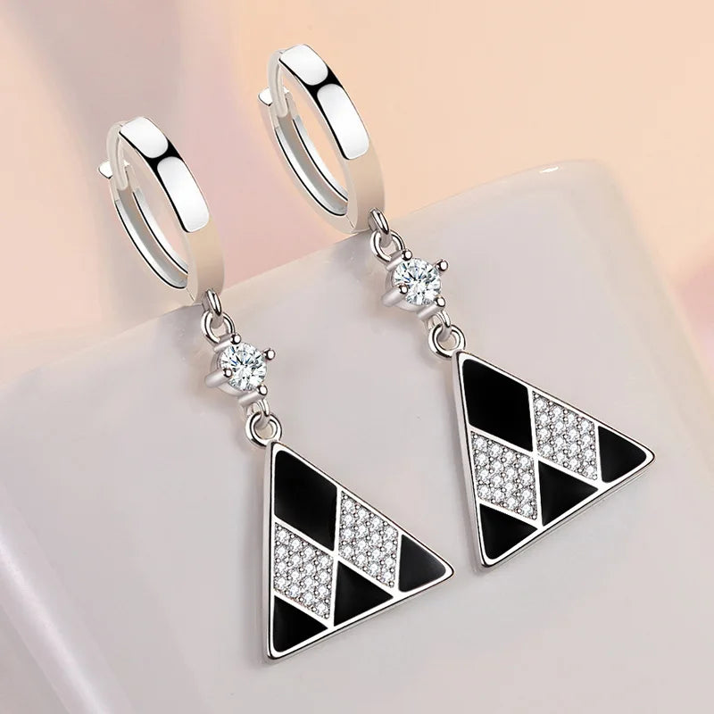 Earrings For Women Jewelry Shiny Zircon Retro Black Geometric Triangle Ear Drop.