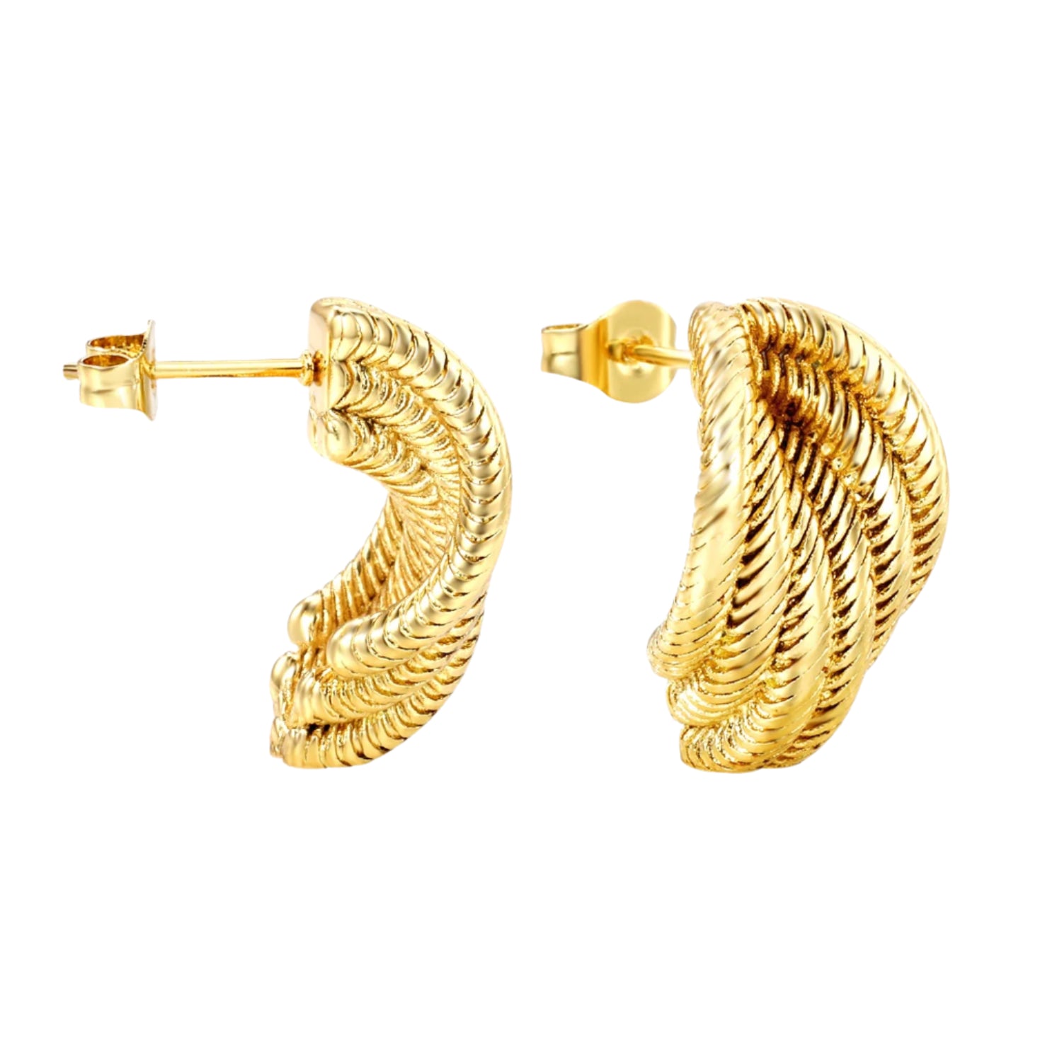 Gold hoop earrings with measurements and weight on a white background