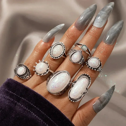 Ring Set Vintage Fashion Geometric Round Oval Gemstone Accessories Ladies Finger Ring Jewelry Party Gift 8 Piece Ring