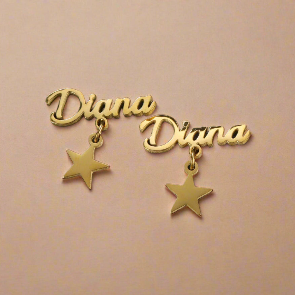 Earrings with name engraving and star drop for women and girls