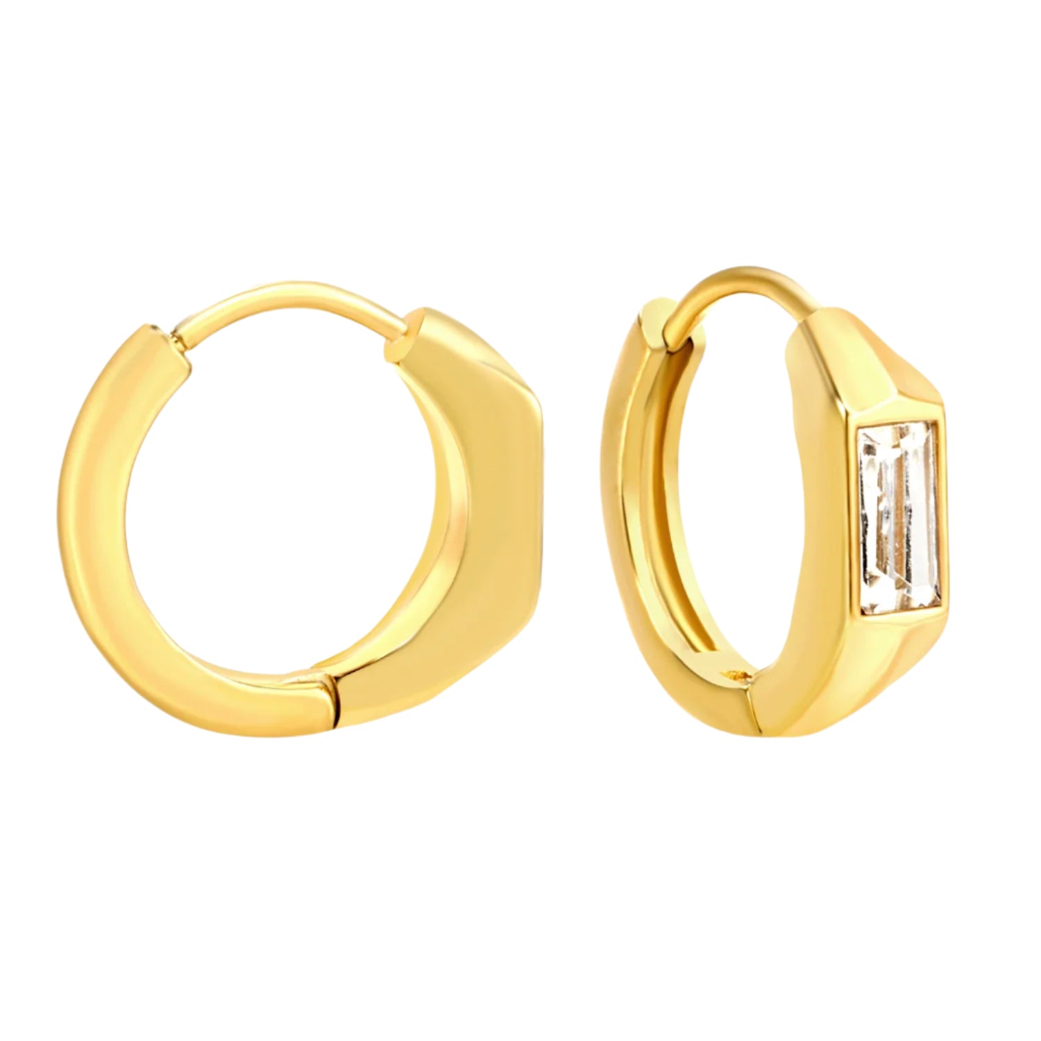 Gold hoop earrings with measurements on a white background