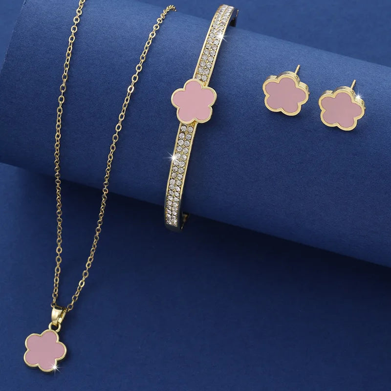 Set of 3 Clover Jewelry Necklace Bracelet Earrings For Women Luck Happiness.