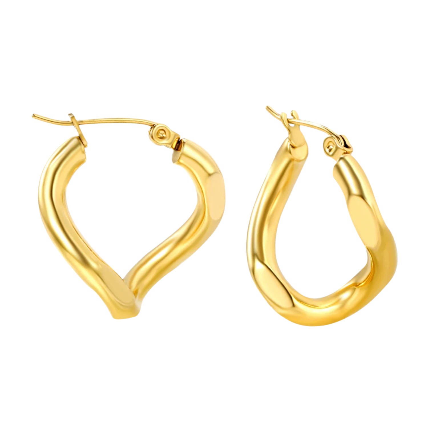 Gold hoop earrings with measurements and weight on a white background