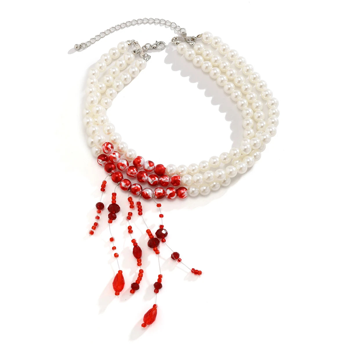 Multilayer  Red Blood Pattern Imitation Pearl  Pendant Necklace  Goth Crystal Bead Chain Halloween Jewelry