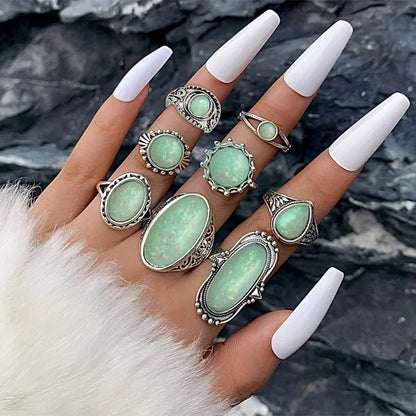 Ring Set Vintage Fashion Geometric Round Oval Gemstone Accessories Ladies Finger Ring Jewelry Party Gift 8 Piece Ring