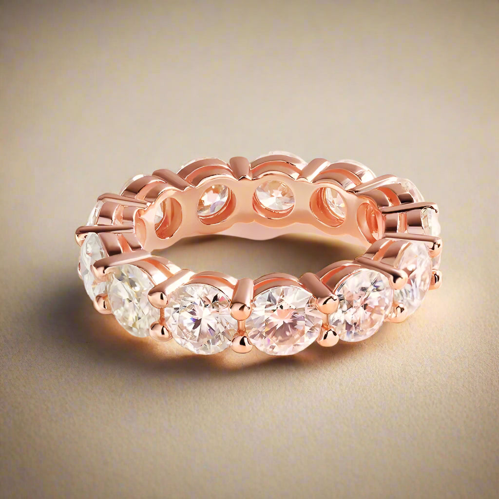 Rose gold moissanite eternity ring with full circle of stones