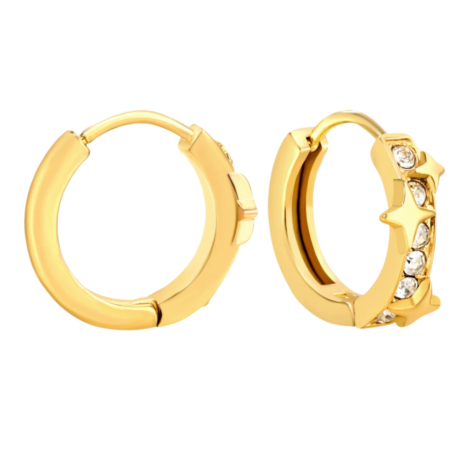 Gold hoop earrings with measurements and weight details on a white background