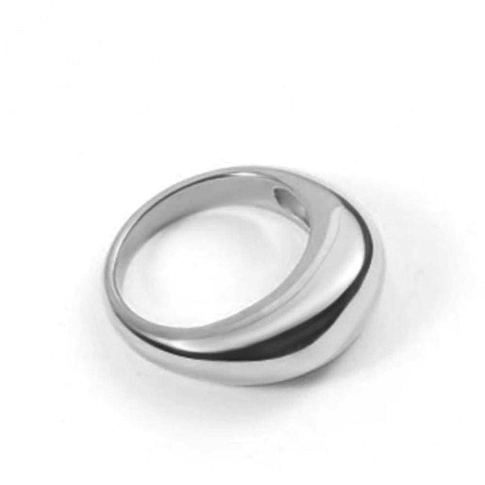 Side view of a lightweight, silver dome-shaped ring.