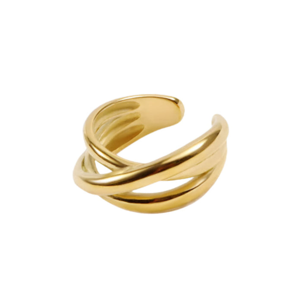 Gold intertwined ring with elegant minimalist design.