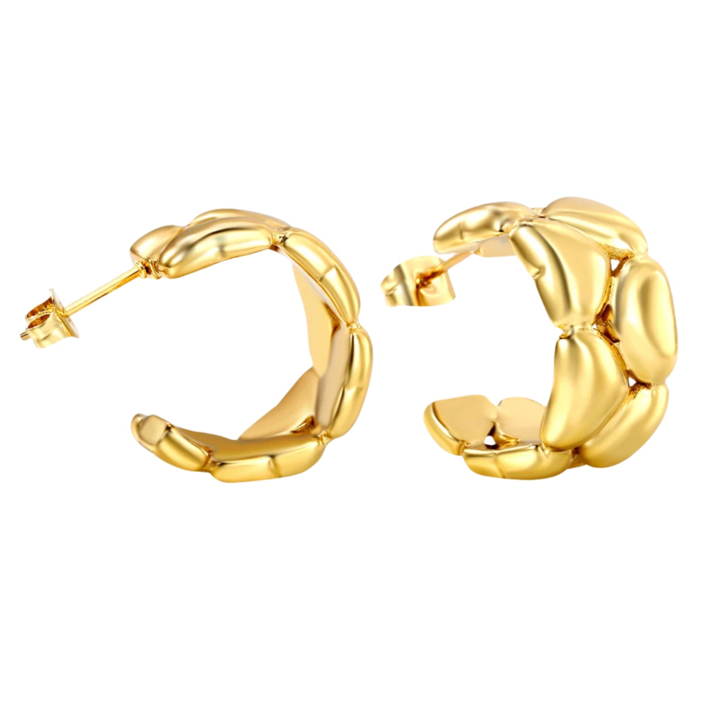 Gold hoop earrings with measurements and weight on a white background