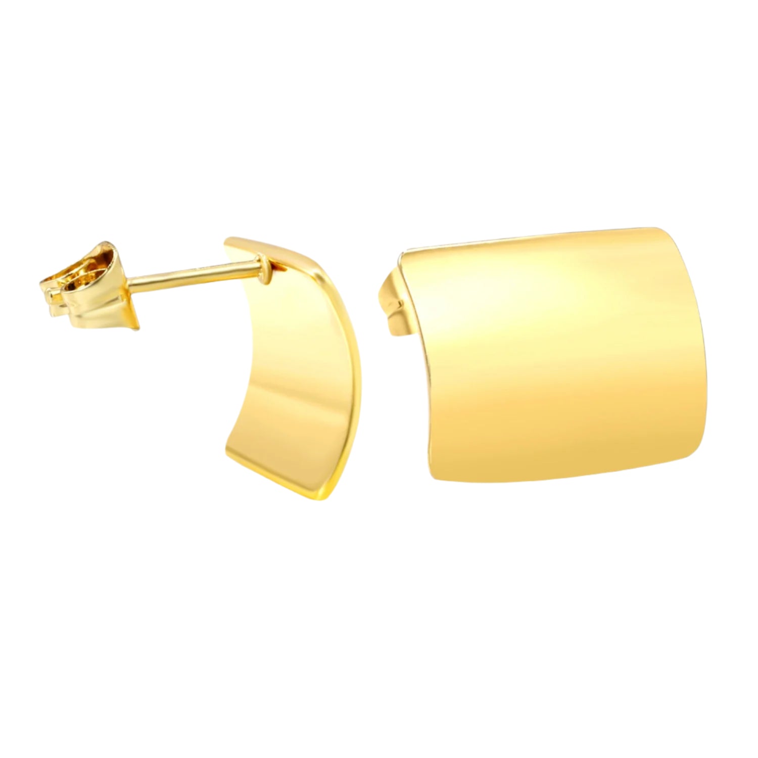 Gold earrings with dimensions and weight on a white background