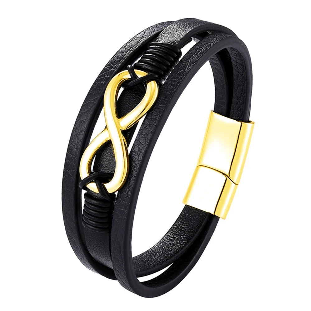 Close-up of men’s black leather infinity bracelet with gold magnetic clasp