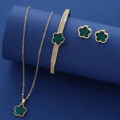 Set of 3 Clover Jewelry Necklace Bracelet Earrings For Women Luck Happiness.